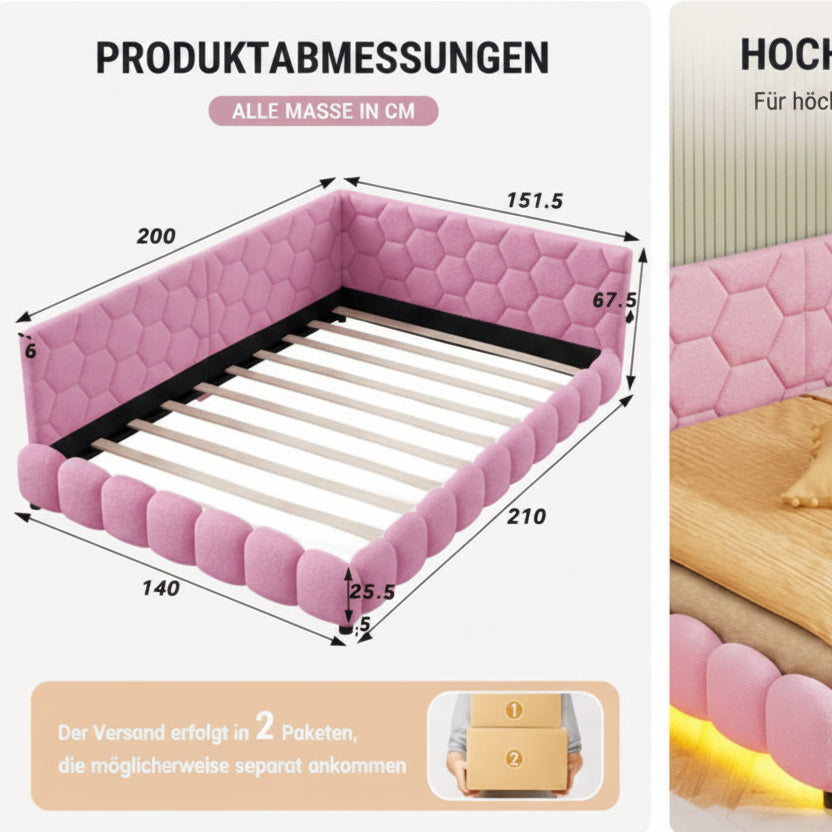 LED Polsterbett 140x200cm, inkl. USB Ladebuchse