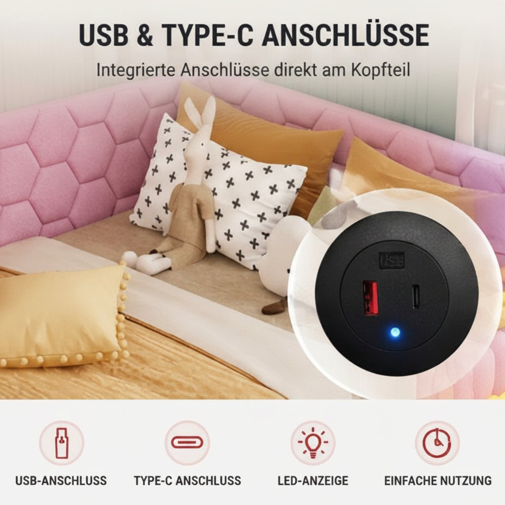 LED Polsterbett 140x200cm, inkl. USB Ladebuchse