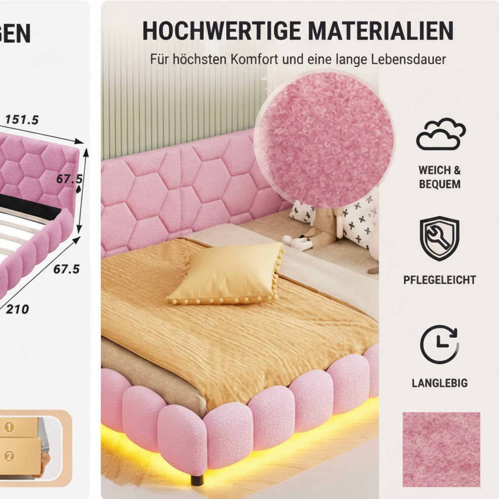 LED Polsterbett 140x200cm, inkl. USB Ladebuchse
